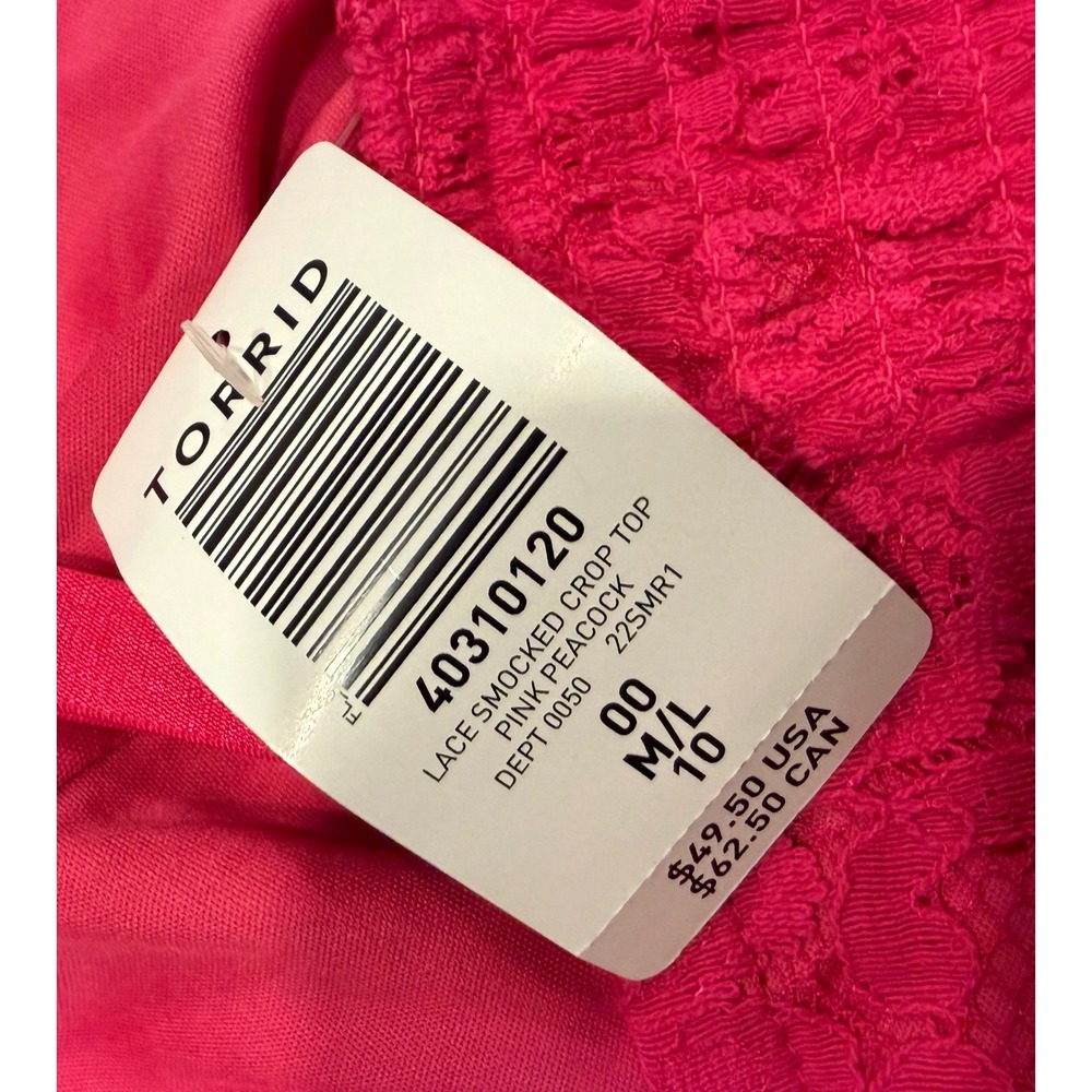 Torrid Lace Smocked Crop Top Pink Peacock Floral Adjustable Straps M/L NWT - Picture 5 of 7